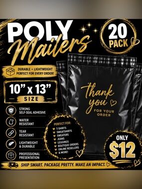 ★ 20 Black Thank You Poly Mailers 10x13 Boutique Shipping Bags